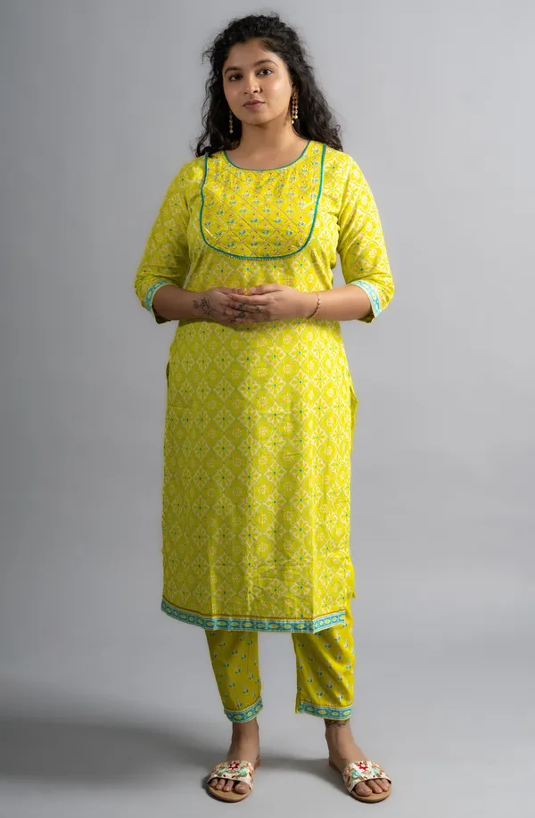 Neon_Yellow_Cotton_Printed_Kurta_Pants_With_Dupatta_(Set_Of_3)_For_Women