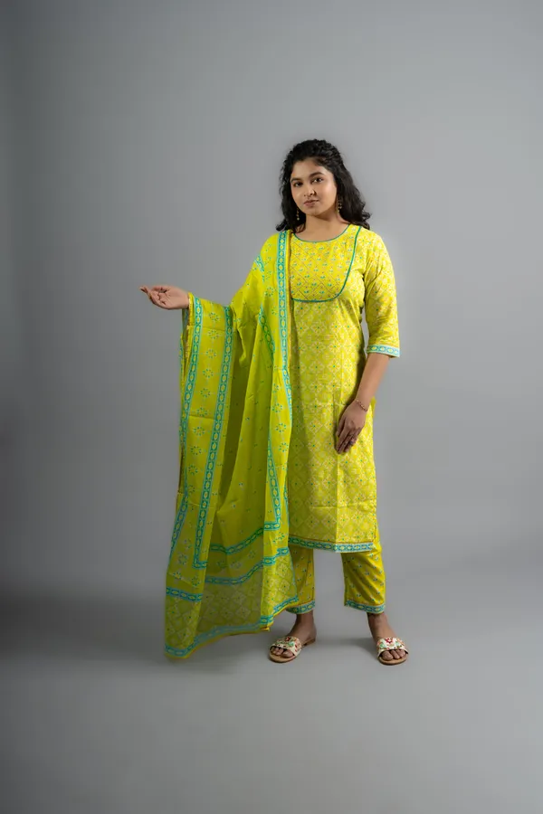 Neon_Yellow_Cotton_Printed_Kurta_Pants_With_Dupatta_(Set_Of_3)_For_Women