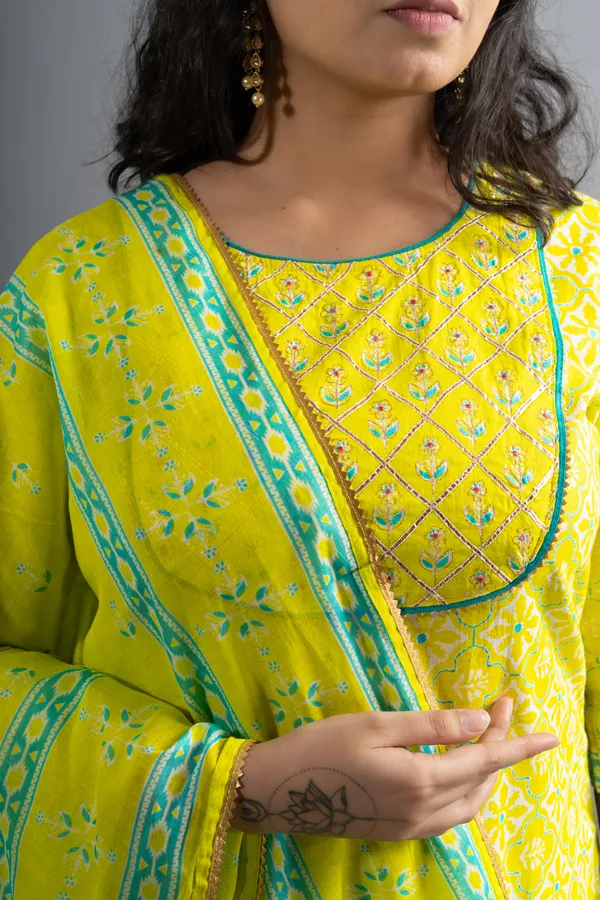Neon_Yellow_Cotton_Printed_Kurta_Pants_With_Dupatta_(Set_Of_3)_For_Women