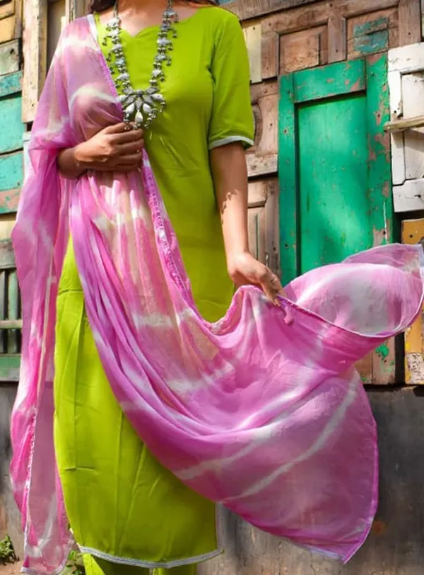 Lime_Green_Leheriya_Kurta_Suit_Set_For_Women