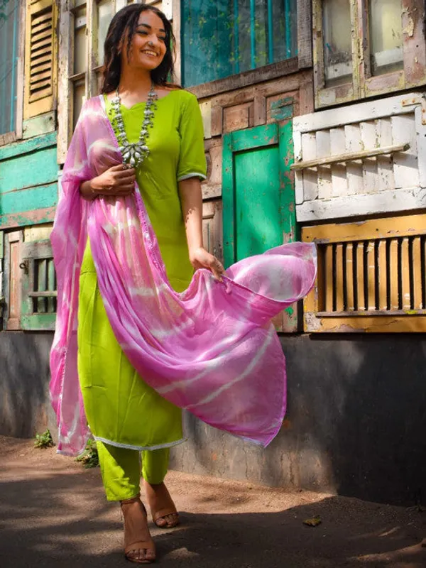 Lime_Green_Leheriya_Kurta_Suit_Set_For_Women