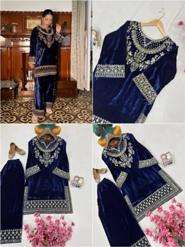 Navy_Velvet_Embroidered_Kurta_Plazzo