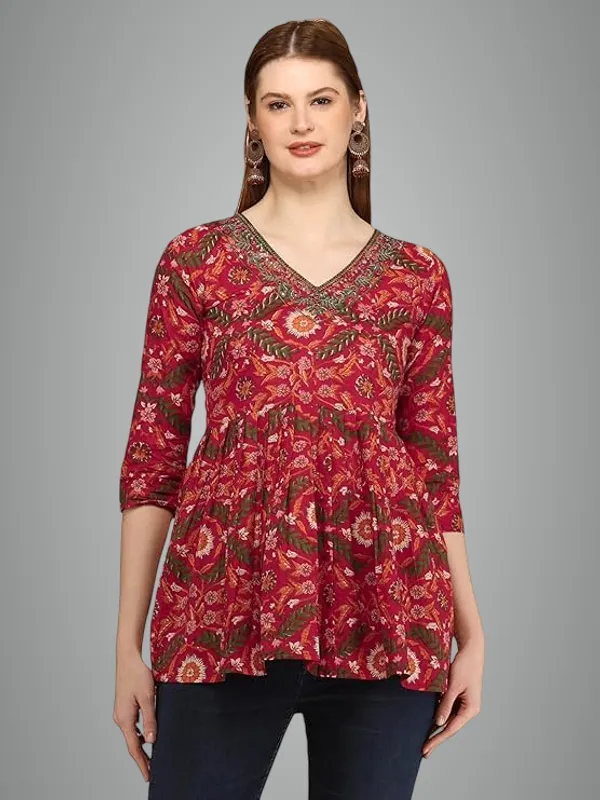 Red_Rayon_Cotton_Blend_Top_For_Women