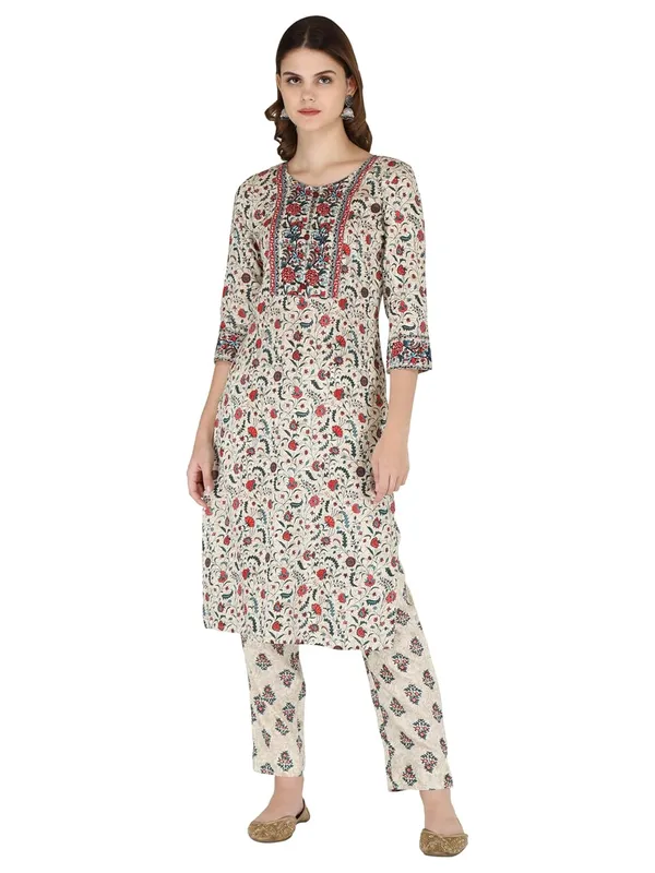 Cream_Rayon_Kurti_With_Pant_For_Women