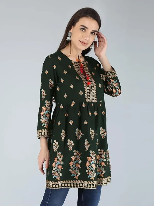 Dark_Green_Rayon_Cotton_Blend_Top_For_Women
