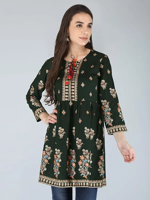 Dark_Green_Rayon_Cotton_Blend_Top_For_Women