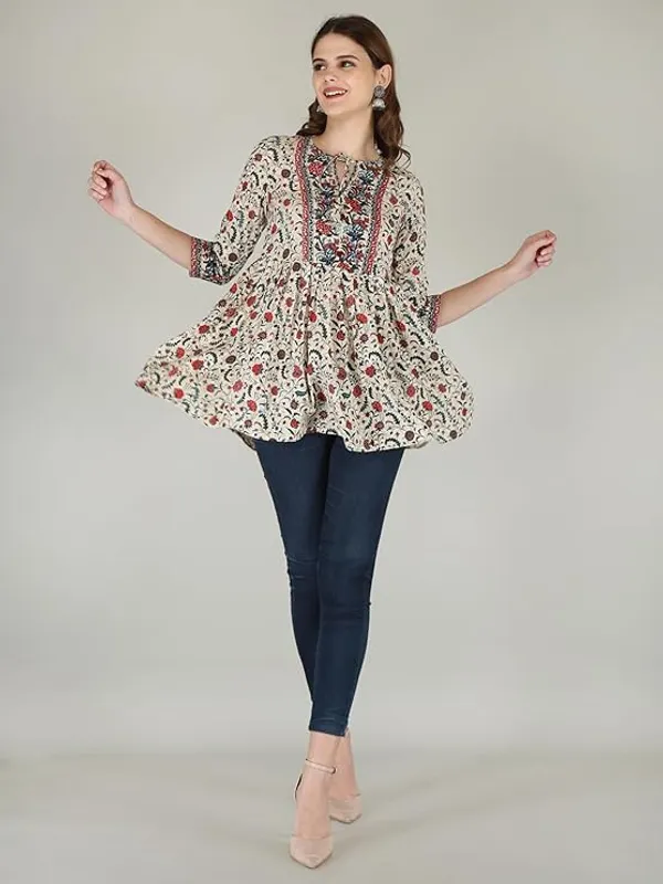 Cream_Rayon_Cotton_Blend_Top_For_Women