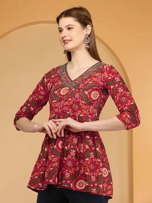 Red_Rayon_Cotton_Blend_Top_For_Women
