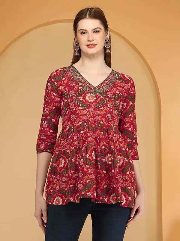 Red_Rayon_Cotton_Blend_Top_For_Women