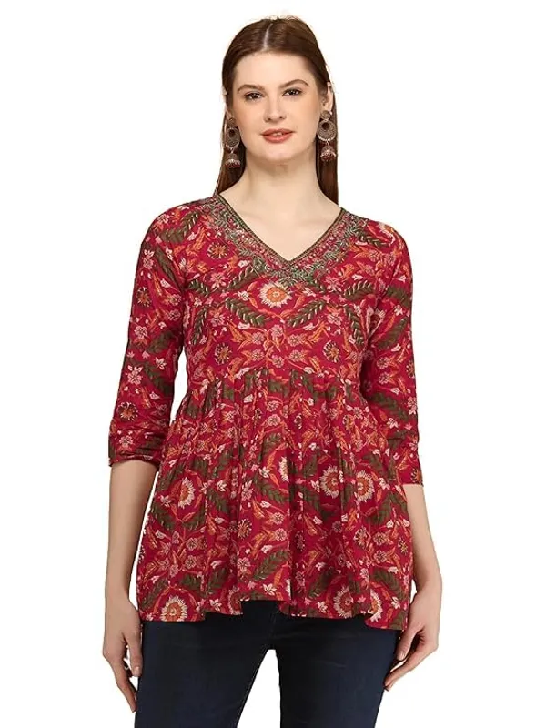 Red_Rayon_Cotton_Blend_Top_For_Women