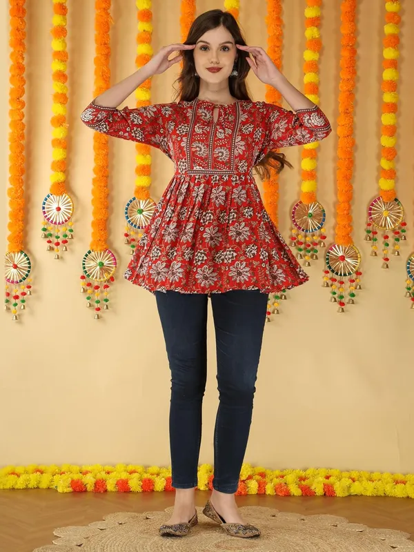 Red_Cotton_Blend_Top_For_Women