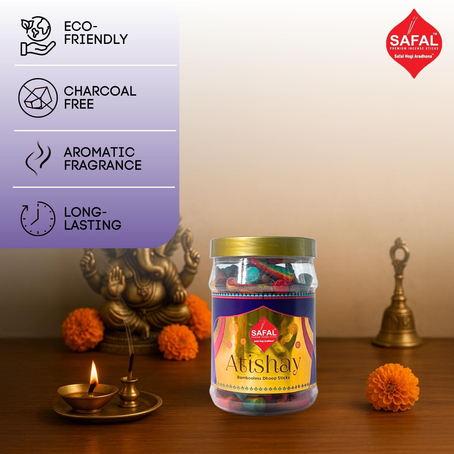 SAFAL_Charcoal-Free_Incense_Dhoop_Cones__400g_Jar_Non-Irritating_And_Calming_Aroma_Natural_Smooth_And_Long-Lasting_Fragrance_for_Daily_Puja_Bambooless_Dry_Dhup_Batti_Atishay_Pack_of_2