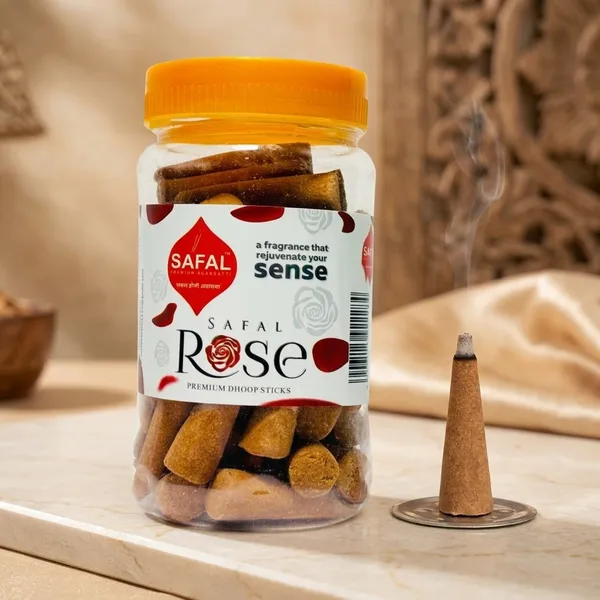 SAFAL_Cone_Dhoop_for_Pooja_210_Premium_Dhoop_Stick_Jar_Dhoopbatti_Long-Lasting_Aroma_for_Pooja_And_Meditation_Charcoal_Free_Incense_Sticks_Pack_of_6_Rose