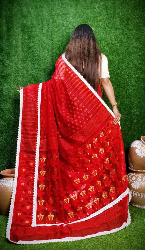 Red_Cotton_Silk_Jamdani_Embellished_Saree_For_Women