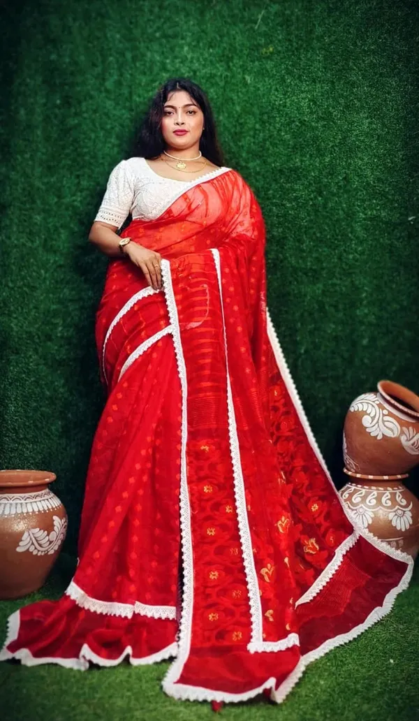 Red_Cotton_Silk_Jamdani_Embellished_Saree_For_Women