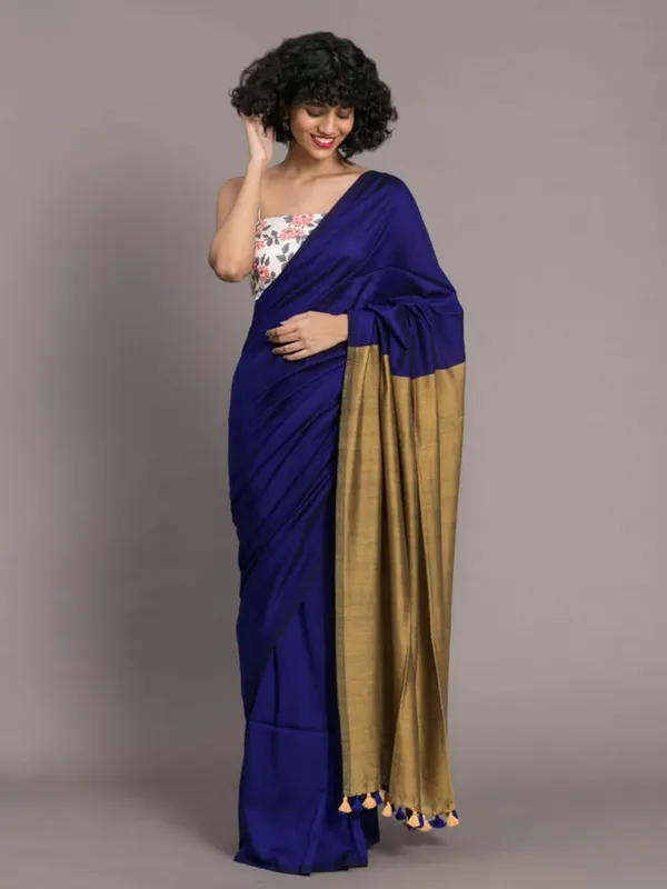 Blue_&_Gold_Cotton_Blend_Handloom_Solid/Plain_Saree_For_Women