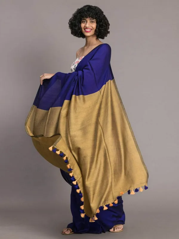 Blue_&_Gold_Cotton_Blend_Handloom_Solid/Plain_Saree_For_Women