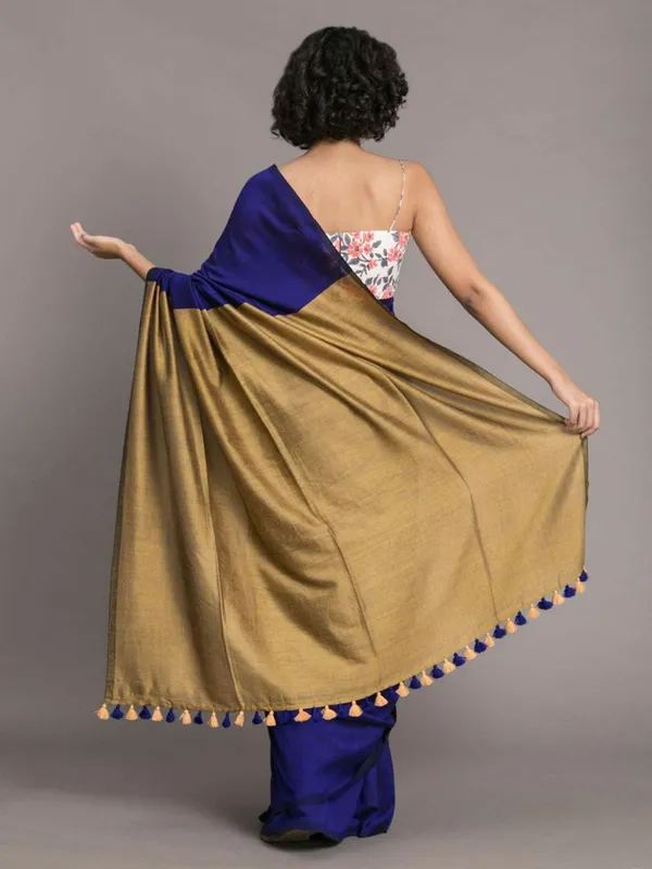Blue_&_Gold_Cotton_Blend_Handloom_Solid/Plain_Saree_For_Women
