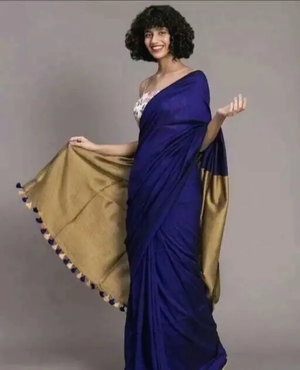 Blue_&_Gold_Cotton_Blend_Handloom_Solid/Plain_Saree_For_Women