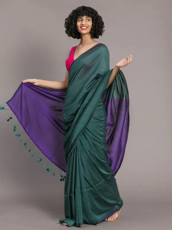 Green_&_Purple_Cotton_Blend_Handloom_Solid/Plain_Saree_For_Women