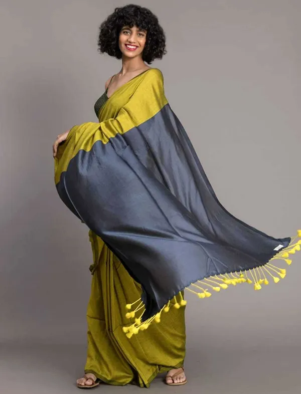 Gold_&_Grey_Cotton_Blend_Handloom_Solid/Plain_Saree_For_Women