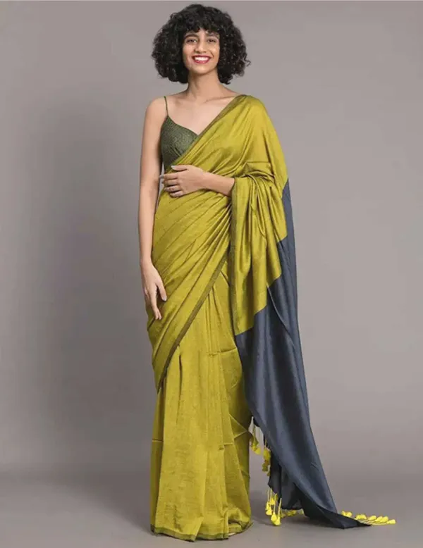 Gold_&_Grey_Cotton_Blend_Handloom_Solid/Plain_Saree_For_Women