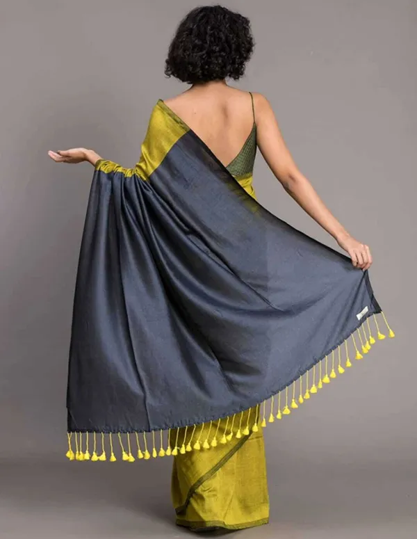 Gold_&_Grey_Cotton_Blend_Handloom_Solid/Plain_Saree_For_Women