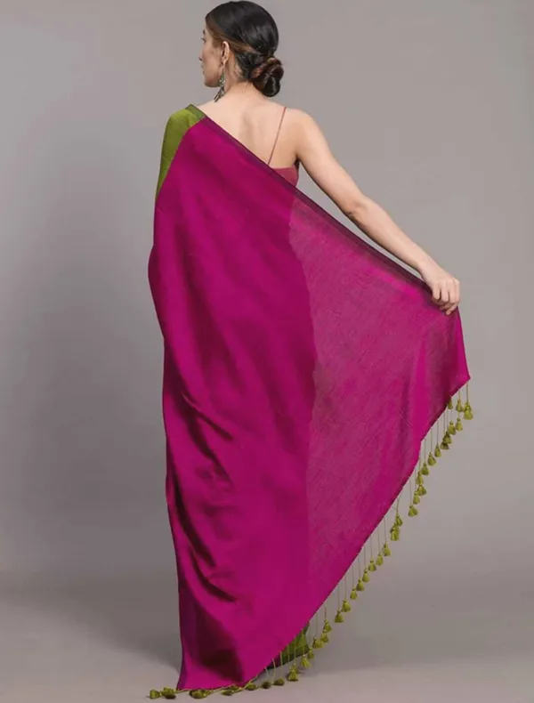 Green_&_Magenta_Cotton_Blend_Handloom_Solid/Plain_Saree_For_Women
