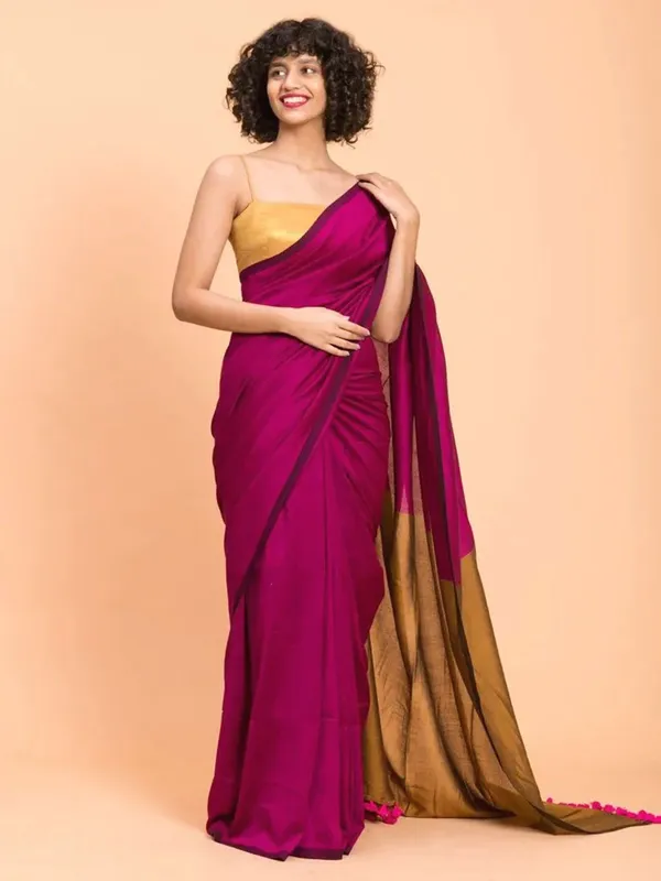 Magenta_&_Gold_Cotton_Blend_Handloom_Solid/Plain_Saree_For_Women
