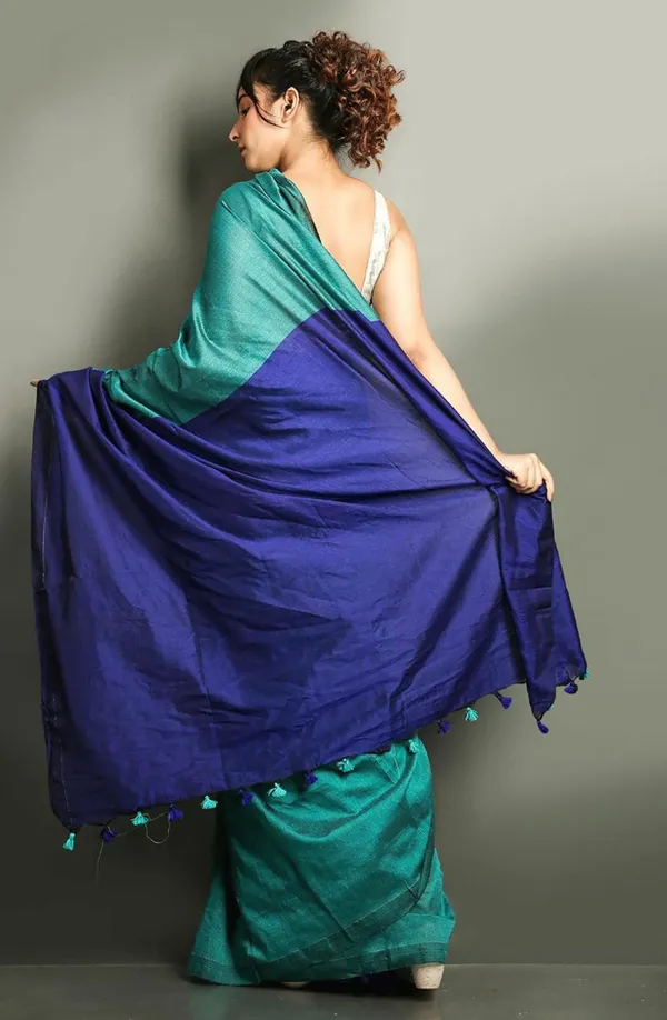 Teal_&_Blue_Cotton_Blend_Handloom_Solid/Plain_Saree_For_Women