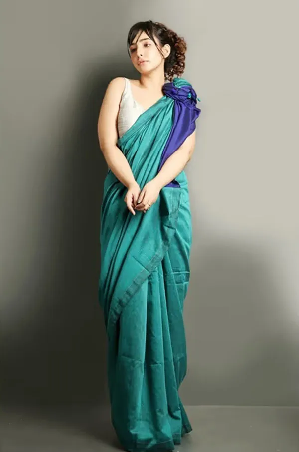 Teal_&_Blue_Cotton_Blend_Handloom_Solid/Plain_Saree_For_Women