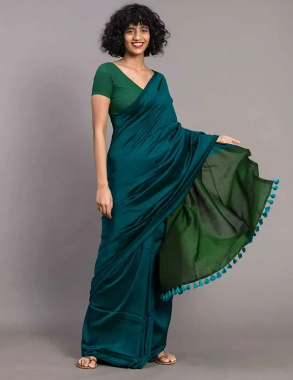 Teal_&_Dark_Green_Cotton_Blend_Handloom_Solid/Plain_Saree_For_Women