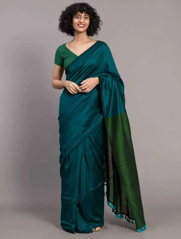 Teal_&_Dark_Green_Cotton_Blend_Handloom_Solid/Plain_Saree_For_Women