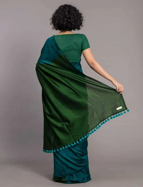 Teal_&_Dark_Green_Cotton_Blend_Handloom_Solid/Plain_Saree_For_Women