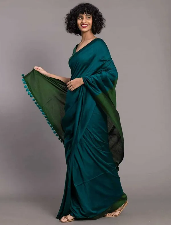 Teal_&_Dark_Green_Cotton_Blend_Handloom_Solid/Plain_Saree_For_Women