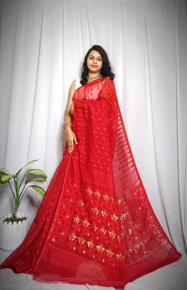 Red_Pure_Cotton_Tant_Self_Design_Saree_For_Women