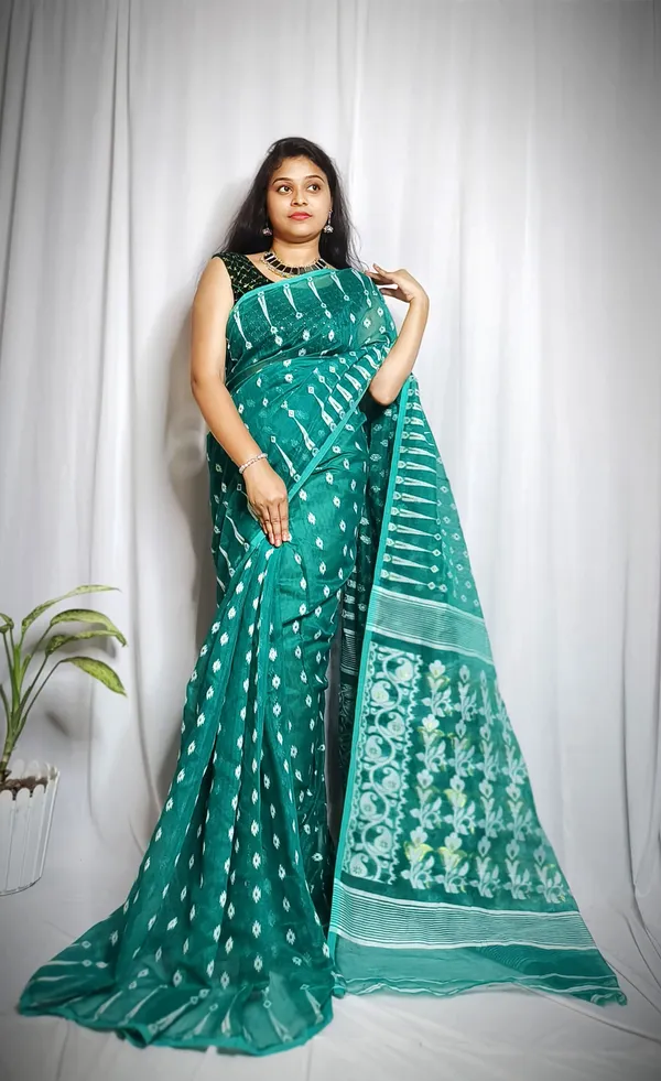 Teal_Pure_Cotton_Tant_Self_Design_Saree_For_Women