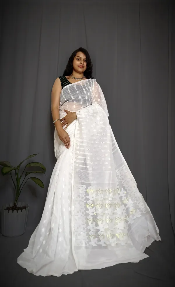 White_Pure_Cotton_Tant_Self_Design_Saree_For_Women