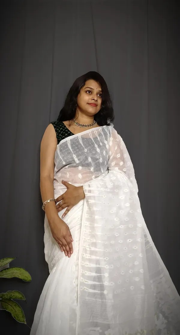 White_Pure_Cotton_Tant_Self_Design_Saree_For_Women