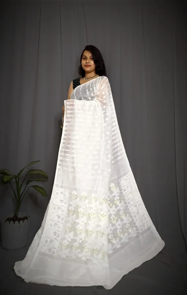 White_Pure_Cotton_Tant_Self_Design_Saree_For_Women