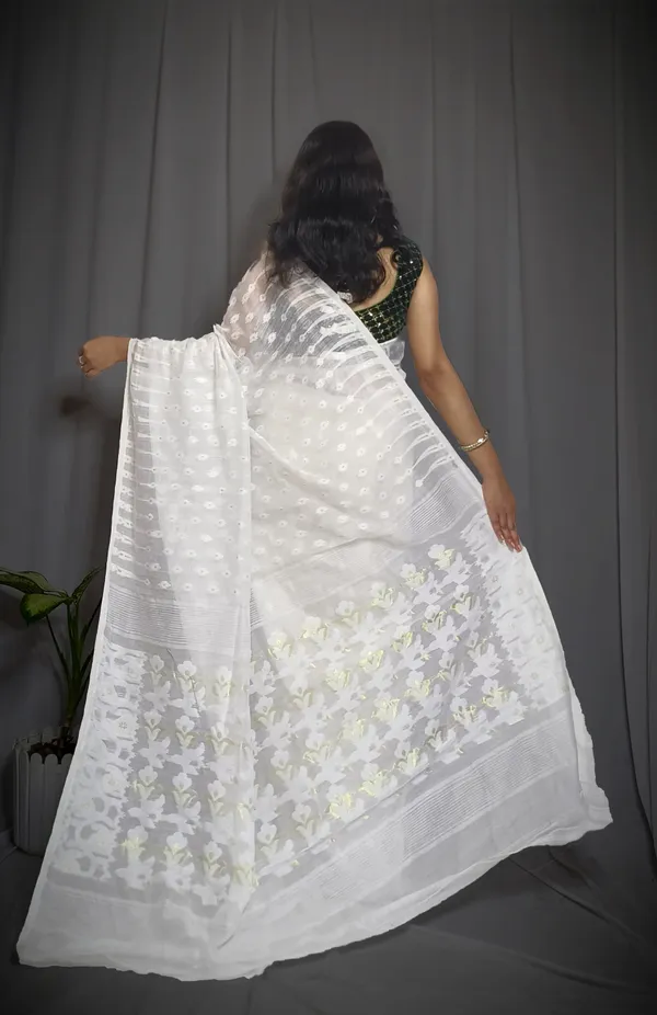 White_Pure_Cotton_Tant_Self_Design_Saree_For_Women