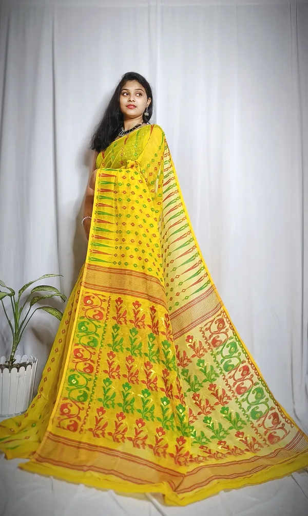 Yellow_&_Red_Pure_Cotton_Tant_Self_Design_Saree_For_Women