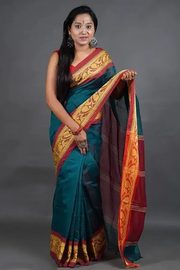 Teal_Green_Cotton_Silk_Handloom_Woven_Saree_For_Women