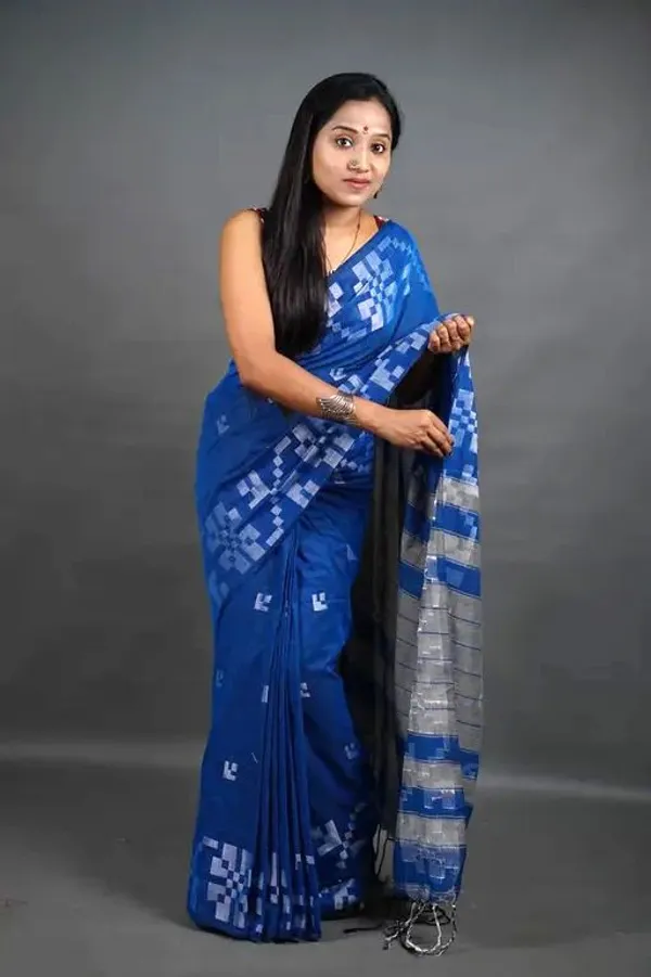 Teal_Blue_Pure_Cotton_Handloom_Woven_Saree_For_Women