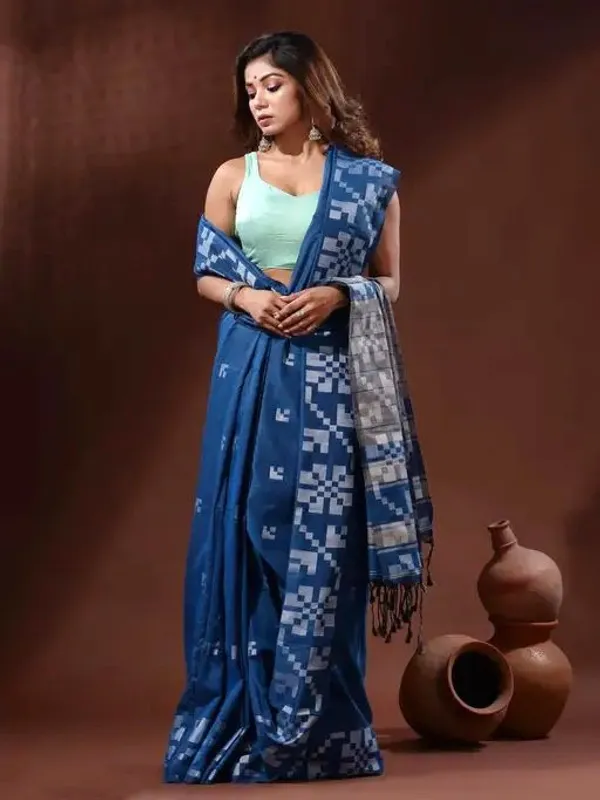 Teal_Blue_Pure_Cotton_Handloom_Woven_Saree_For_Women