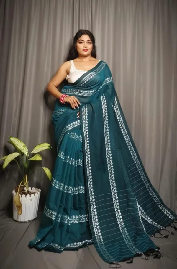 Dark_Teal_Pure_Cotton_Handloom_Embroidered_&_Woven_&_Geometric_Print_&_Self_Design_&_Solid/Plain_Saree_For_Women