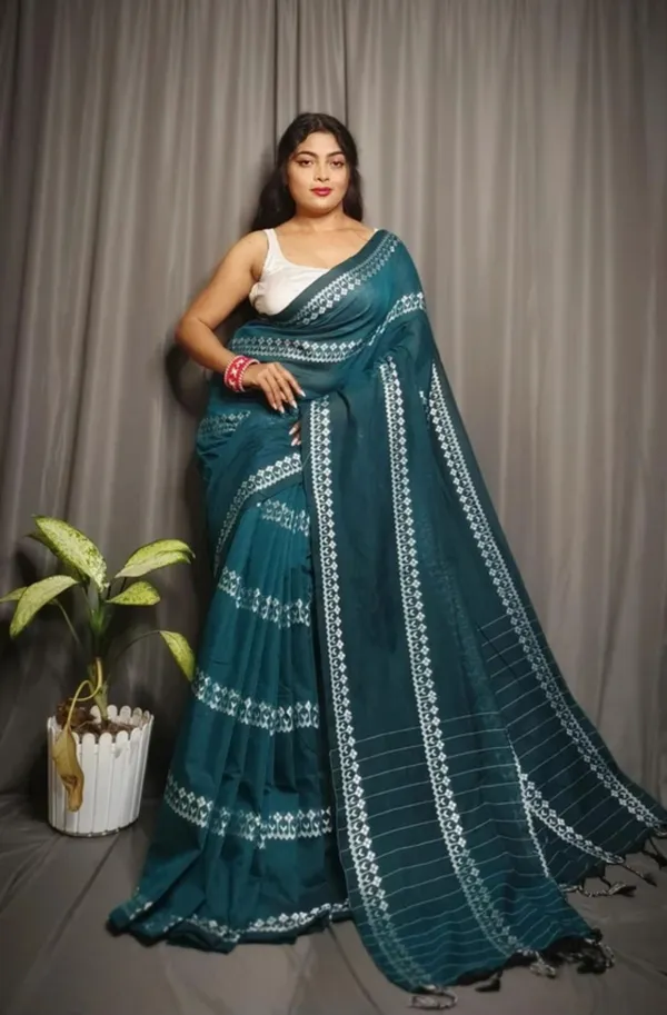 Dark_Teal_Pure_Cotton_Handloom_Embroidered_&_Woven_&_Geometric_Print_&_Self_Design_&_Solid/Plain_Saree_For_Women