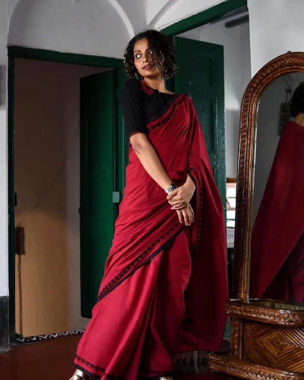 Red_Cotton_Silk_Handloom_Solid/Plain_Saree_For_Women