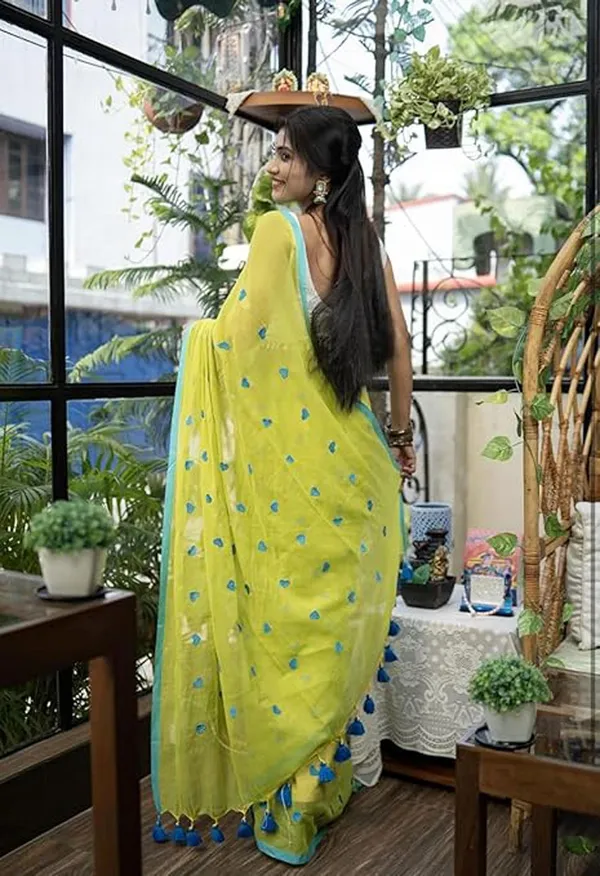 Lime_Green_&_Blue_Khadi_Handloom_Embroidered_Saree_For_Women