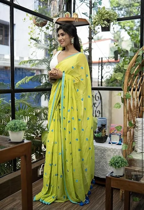 Lime_Green_&_Blue_Khadi_Handloom_Embroidered_Saree_For_Women